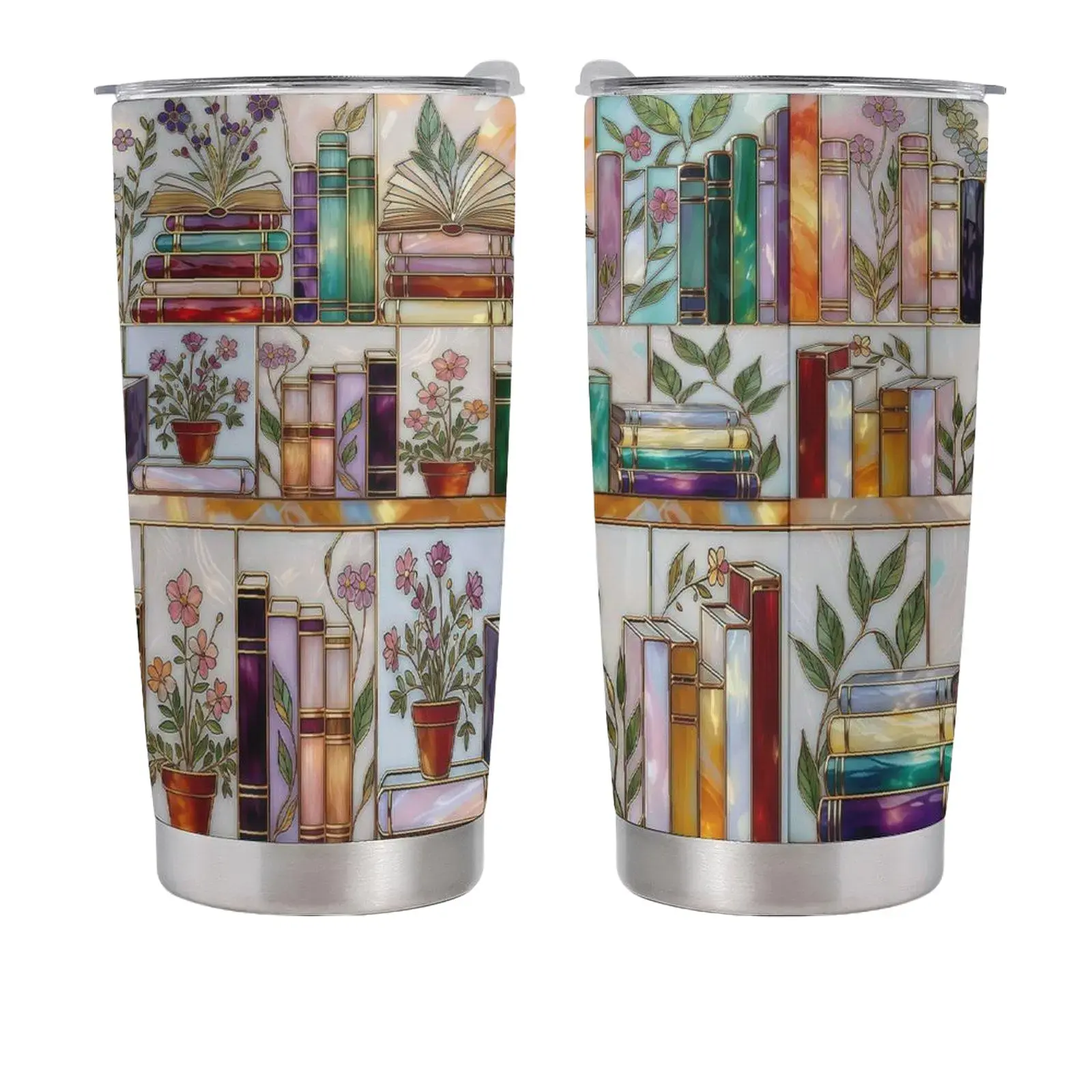 Stained-Glass Book Design 20oz Tumbler,Flat 2D Printed Floral Bookshelf Tumbler, Book Lover Gift, Bookish Cup, Library Cup, Tea Cup, Coffee Mug, Gift for Friends, Kitchen Drinkware, Dealsforyou, Summerwins