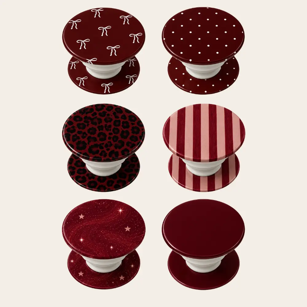 Burgundy Collapsible Phone Grip Holder, Dark Red Patterned Expanding Phone Socket Stand, Universal Phone Grip Kickstand