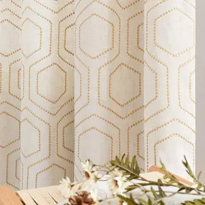 Yellow Boho Window Curtains 84 Inch Length 2 Panels Set Linen Textured Light Filtering Curtains Honeycomb Embroidered Design Living Room Drapes Bedroom Bronze Grommet Window Treatments Set