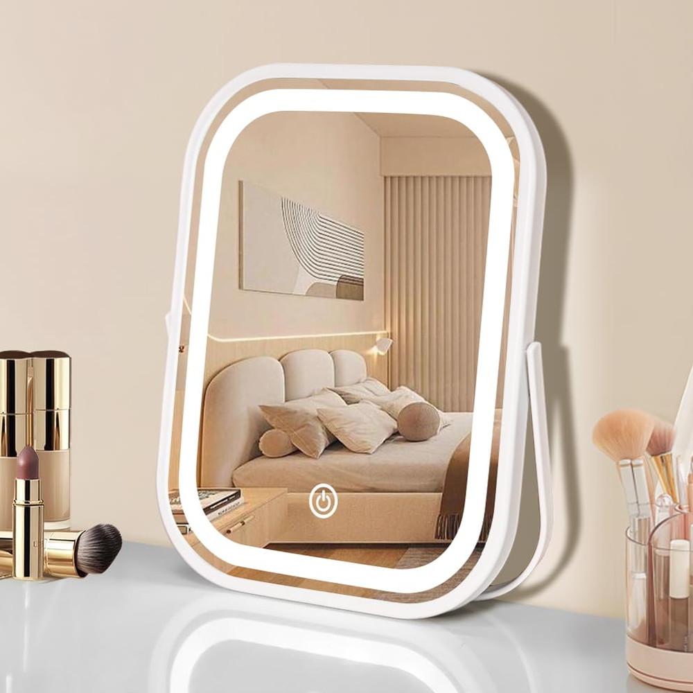 Portable LED Makeup Mirror with Lights, Rechargeable Travel Vanity Mirror, Dimmable Touch Screen, Folding Compact Tabletop Mirror for Makeup
