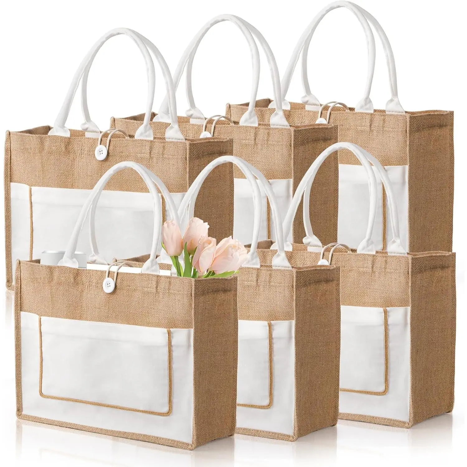 6 Pack Jute Tote Bags, 16.5"x 13"x 7" Large Burlap Tote Bag with Handles, Beach Bag for Women, Grocery Bridesmaid Bag Weaving Tote Bags for Beach, Wedding, Shopping, Travel