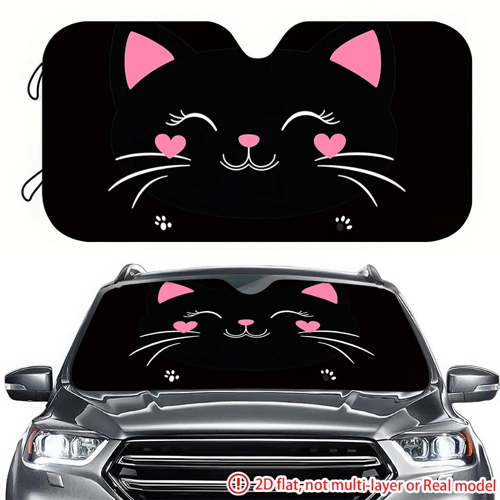1pc pink heart black cat car sun visor, Sun cover for car windshield, Sun Shade For Car Windshield, Car Sunshade, 2D high-definition printing, effectively blocks sunlight, suitable for decorating the front windshield of RVs, SUVs