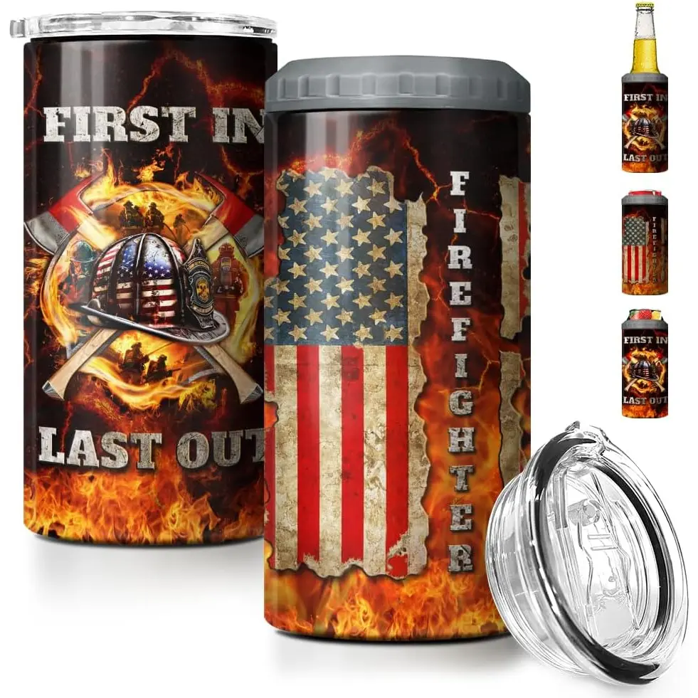 Firefighter Tumbler American Flag 4 in 1 12oz Tumbler Can Cooler Coozie Skinny Stainless Steel Tumbler Gift for Firemen Fire Department Dad Men Father Graduation Retirement