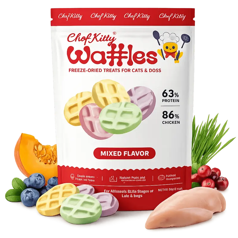 CHEF KITTY Freeze-Dried Waffle Chicken Cat Treats, USA-Inspected Healthy Kitten Treats, Human-Grade No Additives Pet Food Toppers (4 Flavors) - Worry Less Pet Supplies, No Additives, Worry Less, Kitten Supplies
