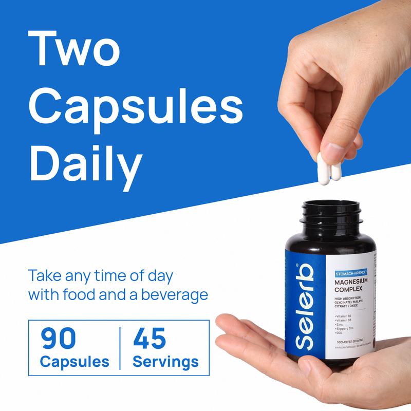 Selerb Magnesium Complex 300mg – 4 Types of Magnesium with B6, D3, Zinc, Slippery Elm – Sleep, Relaxation & Muscle Suppor Dietary t – 90 Capsules Healthcare Fitness Edible