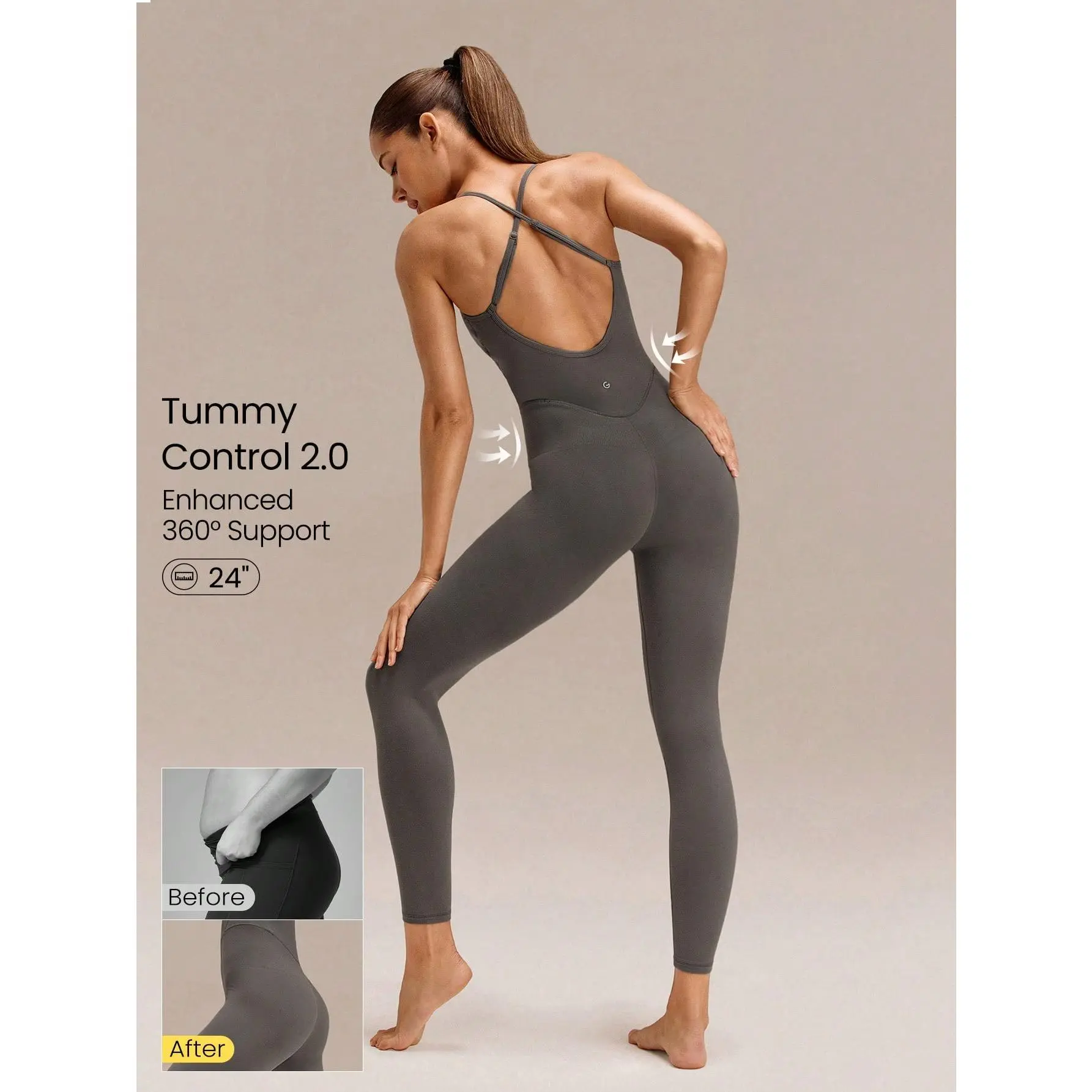 GLOWMODE 24" FeatherFit Tummy Control Adjustable Crossover Strap U Back Bodysuit Jumpsuit Low Impact Yoga Pilates Daily Removable Cups