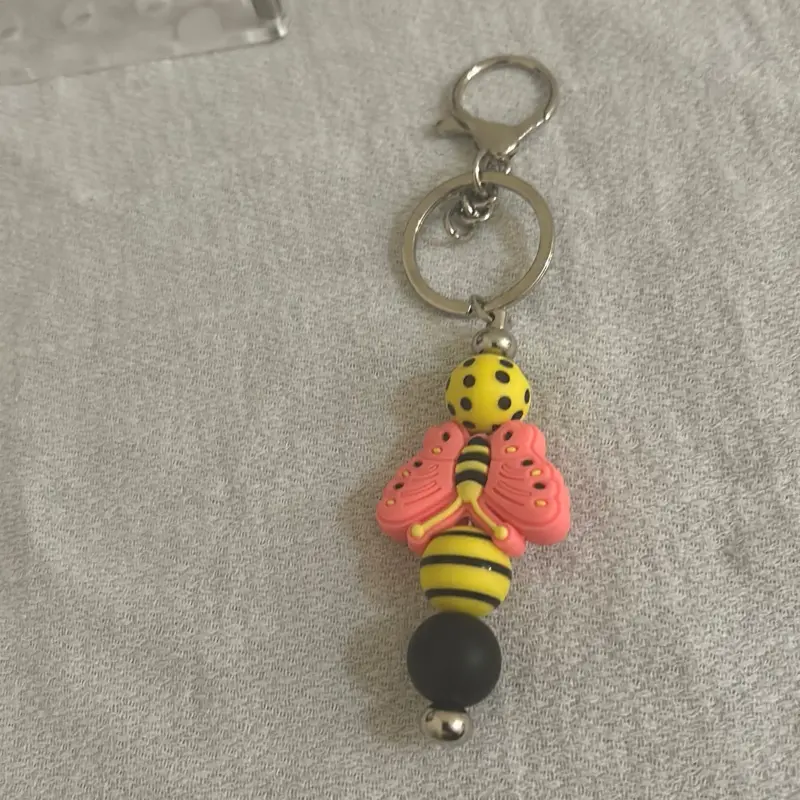 Butterfly Bumblebee Keychain with Pink Wings and Yellow Body Decorative Accessory for Keys
