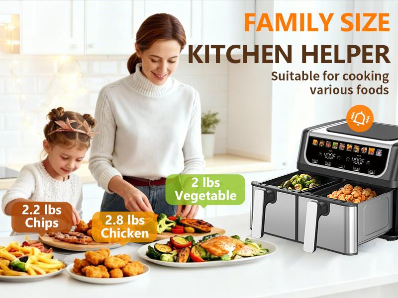 9QT Dual Basket Air Fryer, 2 Independent 4.5Qt Baskets with Sync Finish & Hi-Fry, Double Digital Oven with Easy-View Windows, Nonstick Dishwasher-Safe, Auto Shutoff - Black