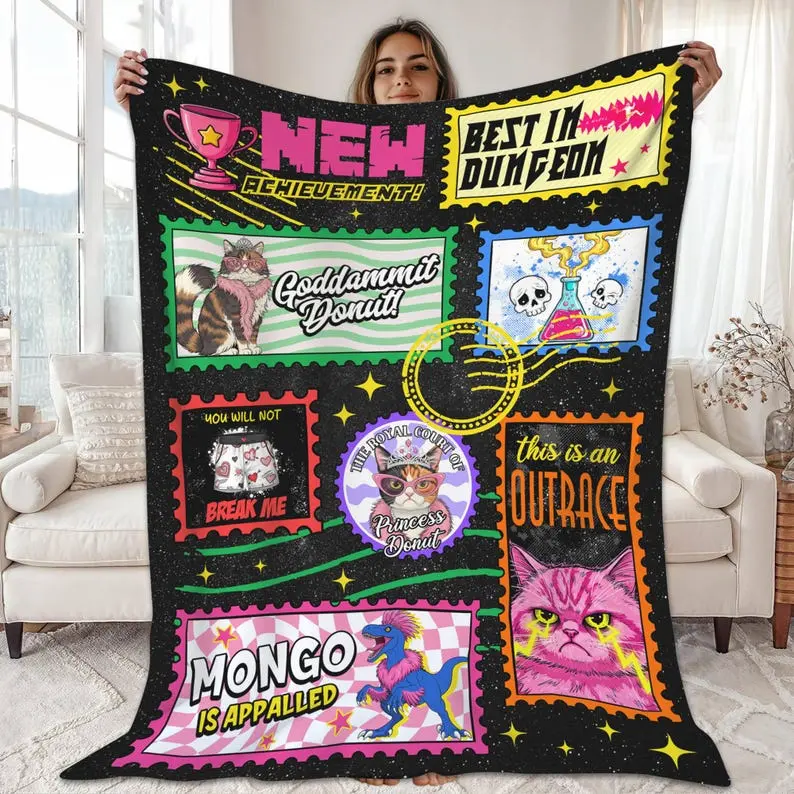 Funny Flannel Fabric Throw Blanket - Dungeon Crawler Carl "New Achievement", Princess Donut & Mongo Appalled Comic Book Themed, Bookish Things Novelty Donut Blanket Christmas Gift for LitRPG Fans, Donut Blankets