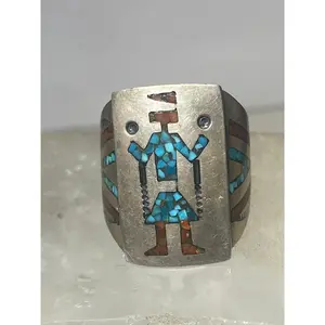 Kokopelli  ring size 11.75 Navajo turquoise coral chips southwest sterling silver women men