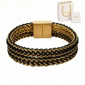 Mens Curb Chain，Stainless Steel Nylon Rope String Bracelets，Gold and Black Two-tone，Stainless Steel Clasp，Handmade Fashion Handmade Jewelry Gifts，Comes with a Gift Box