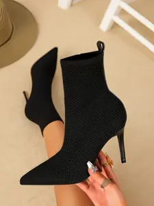 Women's Sexy Elegant Pointed Toe Thin Heel Knitted Hollow Out Design Fashion High Heels Ankle Boots, Stylish Ladies Footwear Breathable Boots, Fashionable Boots