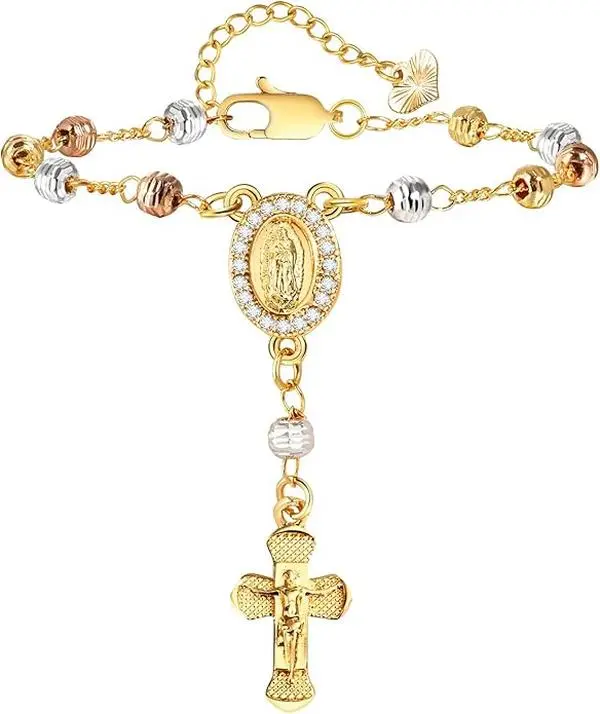 Virgen Mary Women Bracelet San Judas Tadeo 14K Gold Plated Hand Chain with Cubic Zirconia Dainty Ring Set Lightweight Trendy Jewelry