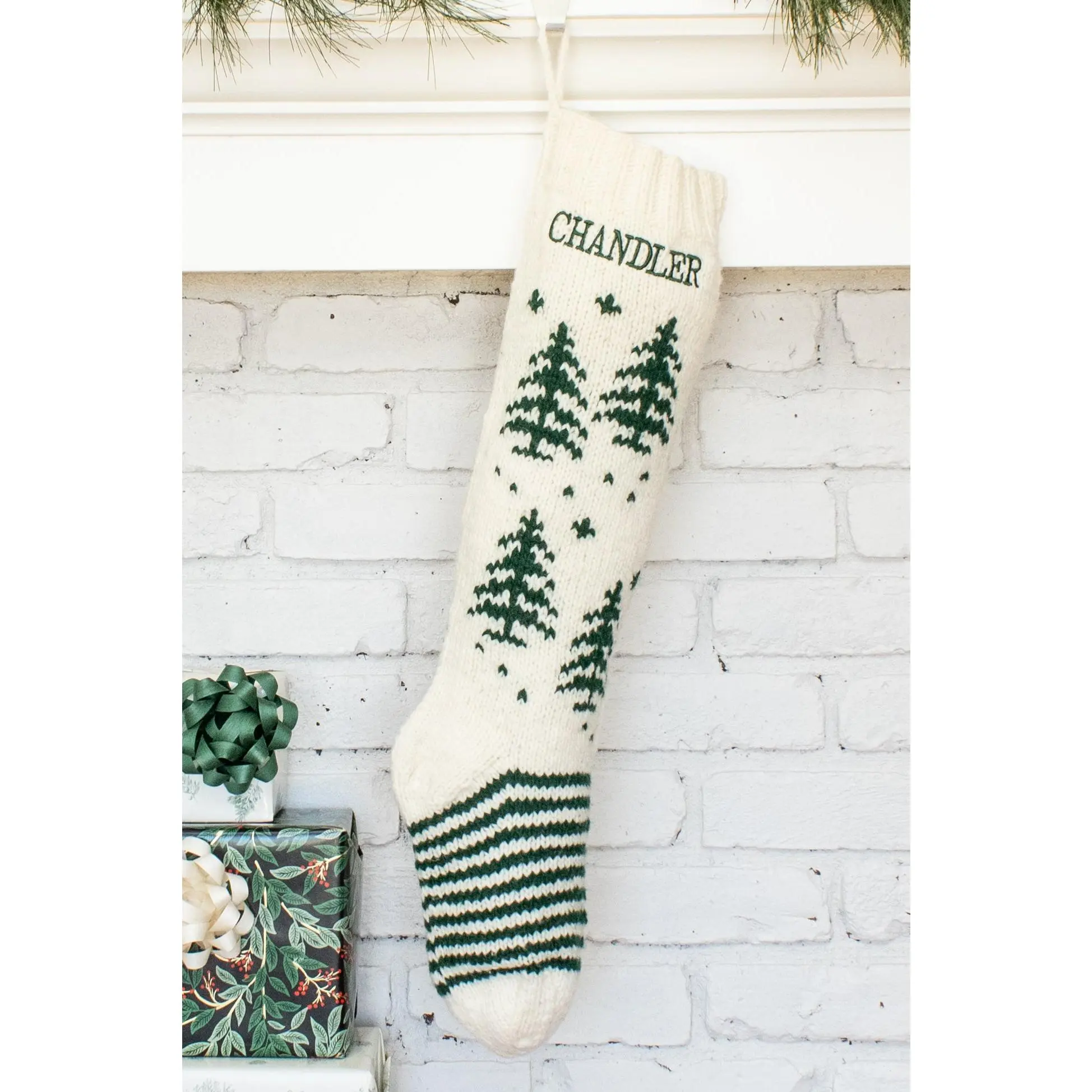 White and Green Tree Personalized Christmas Stocking