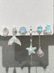 6pcs Women's Fashion Earring Set, Blue Beach Ocean Style Fish Tail Starfish Pendant, Sweet Cool Earrings for Parties, Nightclub, Gift