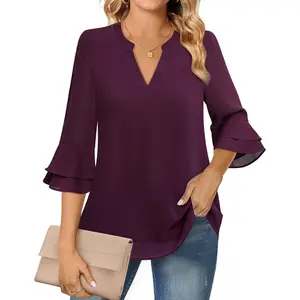 Womens Tops Dressy Casual 3/4 Tiered Bell Sleeve Blouses Double Layered Chiffon Work Tunic Shirts