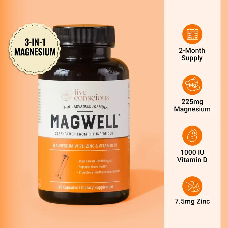 Live Conscious MagWell Magnesium Zinc & Vitamin D3 - for Sleep, Bone, Heart, Immune Support - 2 Months Supply