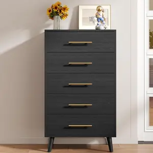Gizoon 5 Drawer Dresser, Tall Chest with Metal Handles, Wood Storage Organizer for Bedroom, Hallway, or Living Room, Black