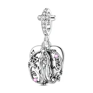 MULA Virgin Mary Heart Pendant 925 silver-plated with Zirconia - Religious Symbol Beaded Pendant with Cross and Engraving, Pandora Compatible Bracelet, Gift for Women Girls Faith Believers