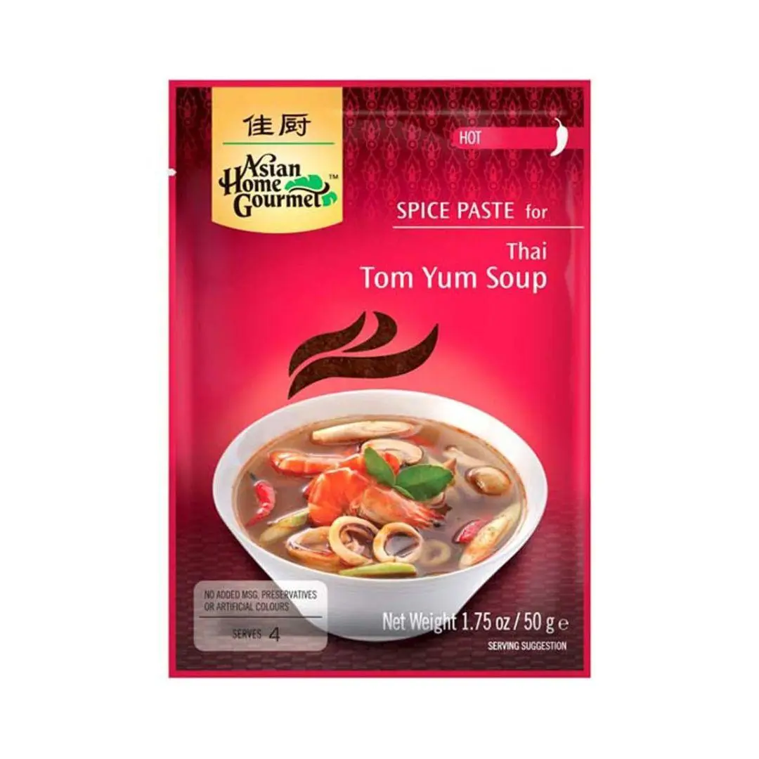 Asian Home Gourmet Thai Tom Yum Cooking Paste & Seasoning Kit, 50g Ambient Tropical Soup Staple, All Ages, Lemongrass, Lime, Chili Notes, Seafood & Mushroom Compatibility, Tropical Cooking Pastes & Seasoning Kits