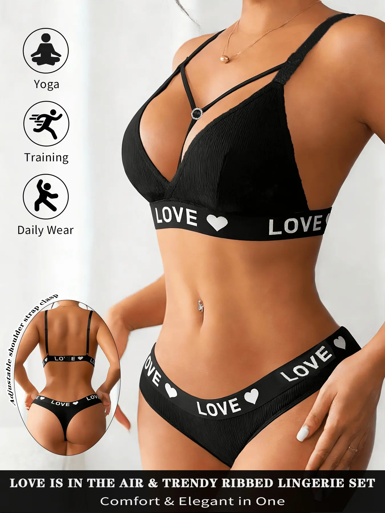 1set Ultra-Comfortable Fitted Seamless Ribbed Elegant Women's Sports Underwear Sets Lingerie Set | Breathable LOVE Print Bralette for All-Day Wear | Must-Have Gym Aesthetic