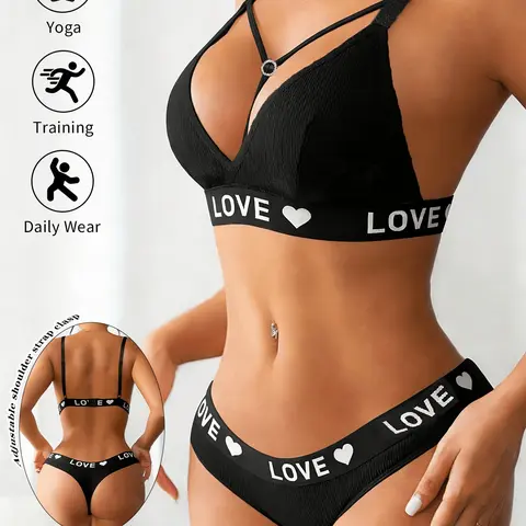1 Set Seamless Ribbed Sports Underwear Set, Ultra-Comfortable Fitted Elegant Lingerie Set with LOVE Print Bralette, Breathable All-Day Wear for Gym and Everyday Aesthetic