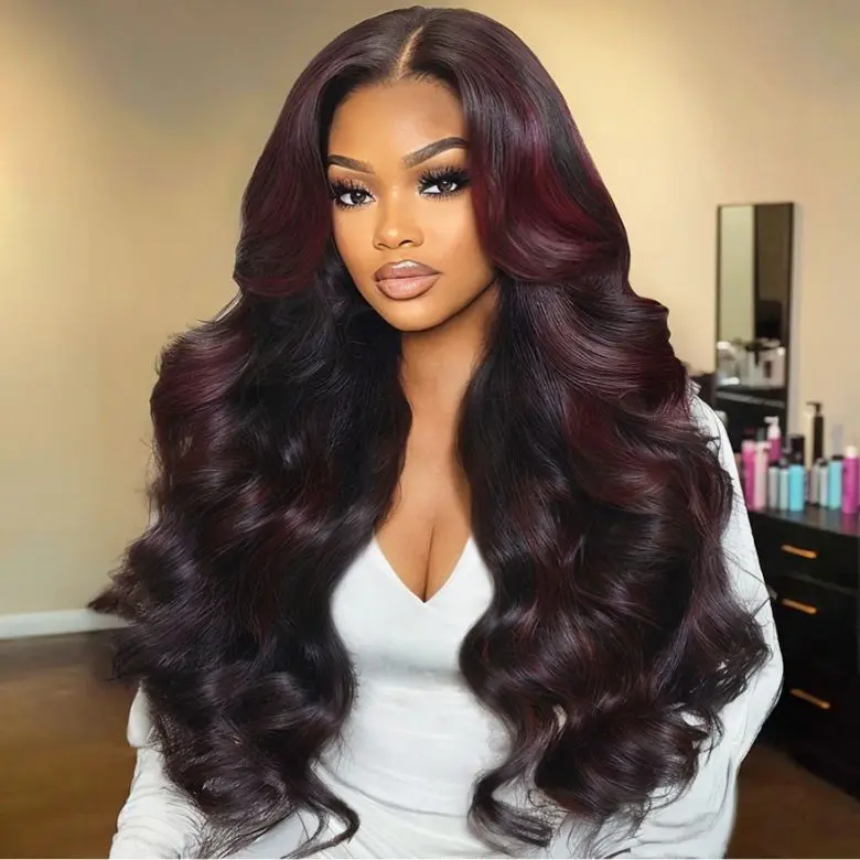 【Live Sale】Unice 24'' 13x4 200% Deep Burgundy Highlight Loose Wave Wig With Curtain Bangs invisi Drawstring Human Hair Glueless Wig
