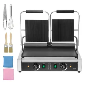 【Summervibes】VEVOR Commercial Panini Grill,  3600W Electric Sandwich Panini Maker, Stainless Steel Double Sandwich Press, Panini Grill with Temp Control & 19"x9" Full Flat Enamel Plate, for Hamburger Steak Bacon