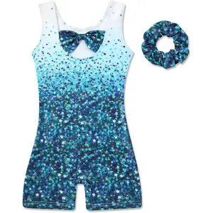 KF5-CPA001 Girls Gymnastics Leotards with Shorts Dance Biketards Unitards Tumbling Outfit Matching Hair Scrunchie 4-10 Years