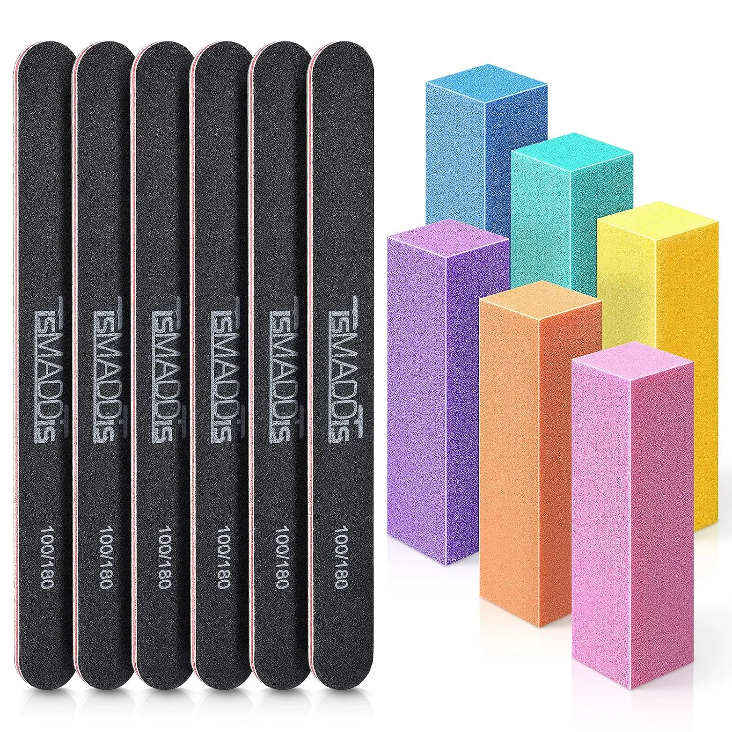TsMADDTs 12PCS Pack Nail File and Buffer Set Kit - Professional Salon-Quality Durable Emery Tools, 100/180 Grit for Natural/Acrylic Nails, Shaping & Polishing for DIY or Pro Use