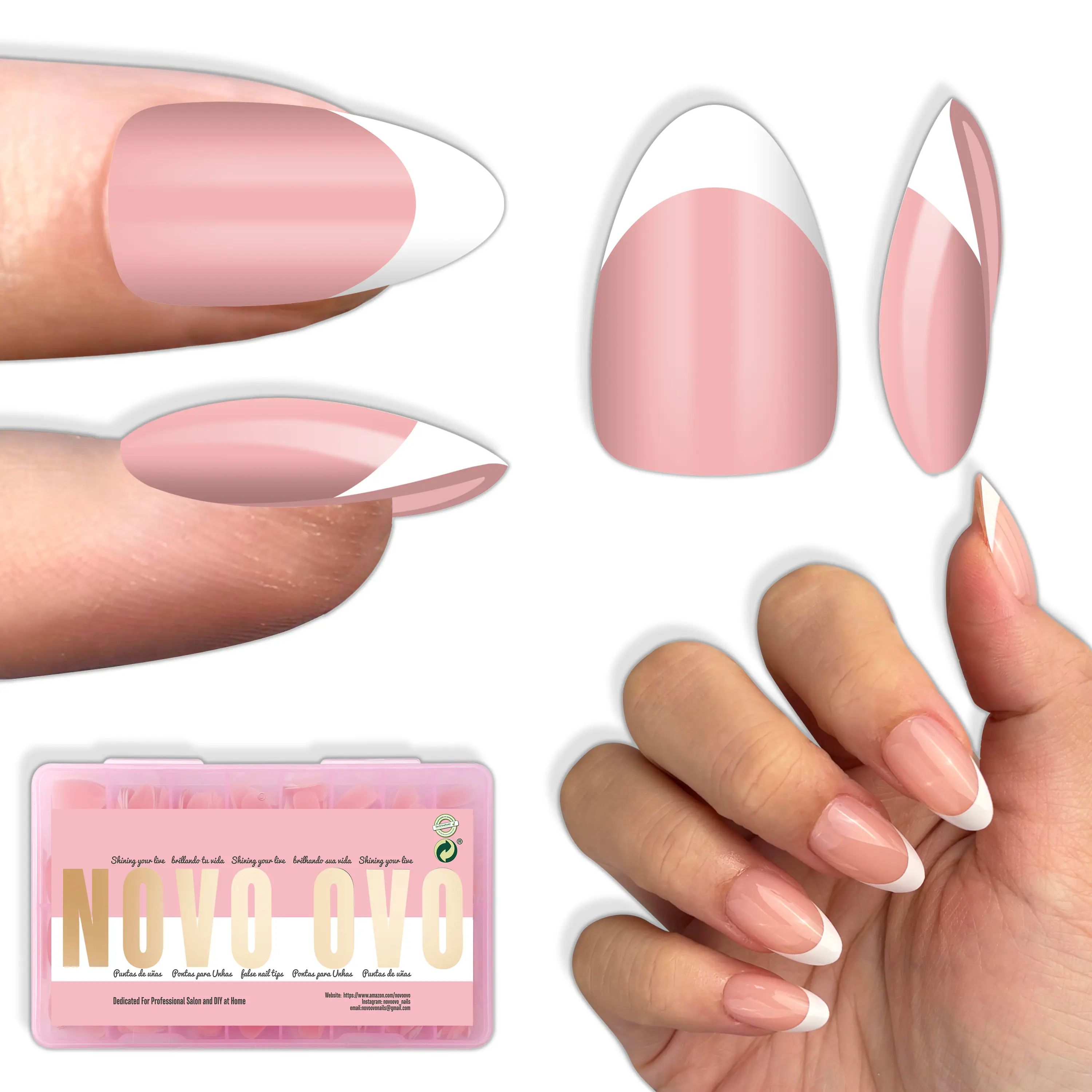 Almond Short White French Tip Baby Pink