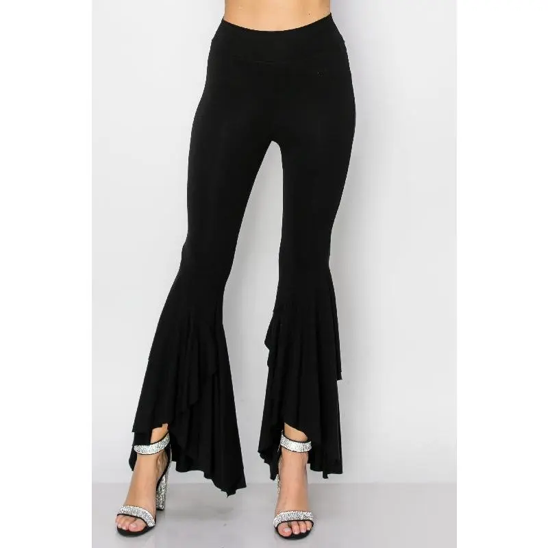 Vocal Swirl Ruffle Bell Bottom Leggings - Black