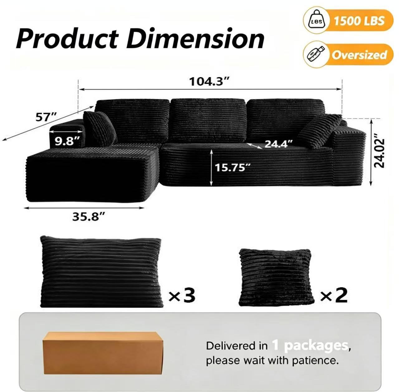 Modular Corduroy Cloud Couch Set - Boneless Sectional 3-Seat Convertible Sleeper Bed, Plush Oversized Chaise Loveseat with Soft Fabric, Blend Down Boneless Couches for Living Room Sofas, Indoor Apartment Furniture,summerwins