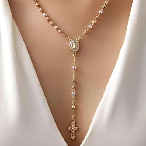 Women's Gold-Plated Alloy Cubic Zirconia Crucifix Necklace - Hypoallergenic Catholic Virgin Mary Long Chain Rosary, Fashion Jewelry Accessories for Daily Wear & Gifting