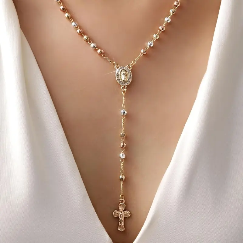 Women's Gold-Plated Cross Necklace - Exquisite Craftsmanship Virgin Mary Long Chain Rosary, Hypoallergenic Catholic Crucifix Pendant Jewelry for Daily Wear & Gifting,summerwins Gold Finish Gold Plating