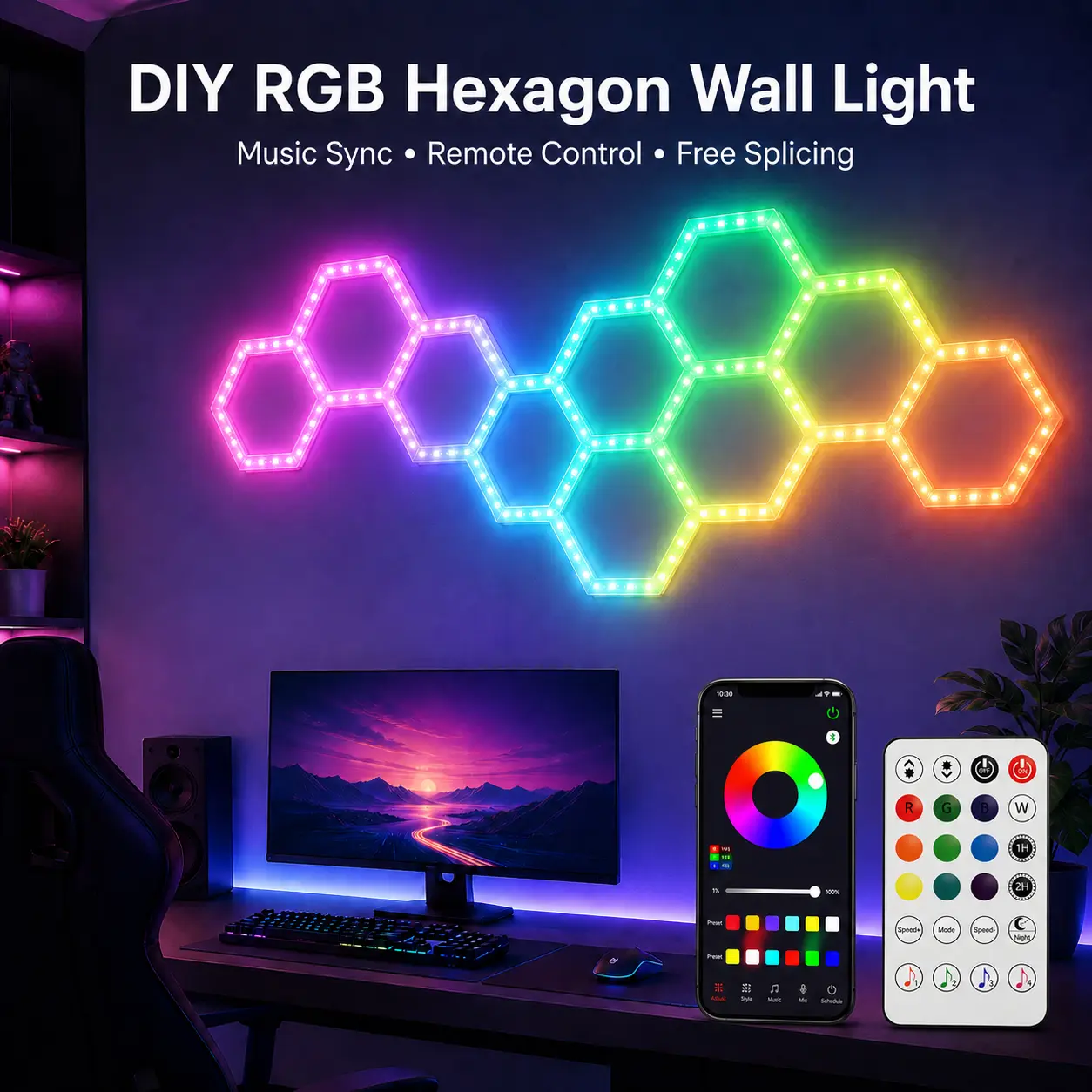 Hexagon Smart LED Wall Lamps - APP & Remote Controlled RGB Hex Light Panels, Music Sync Dimmable Color-Changing Modular Indoor Lighting, Aesthetic Decor for Teen Boys, Home Improvement Gift Fixture