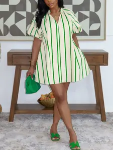 Women's Summer Casual Chic Minimalist Striped Dress, Pocket Bubble Sleeve V-Neck Loose Fit, Comfortable and Stylish, Perfect for Daily Wear