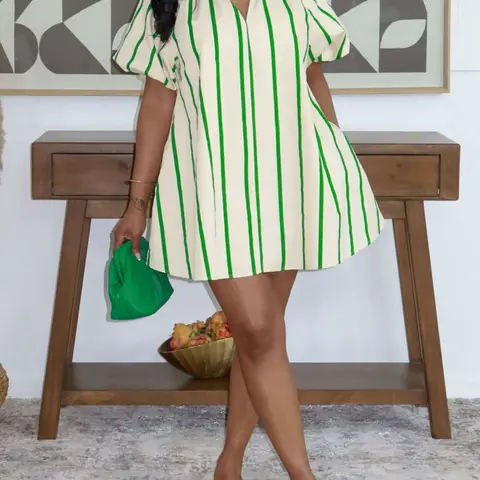 Women's Summer Casual Chic Minimalist Striped Boho Print Dress, Boho Printed Dress, Pocket Bubble Sleeve V-Neck Loose Fit, Comfortable and Stylish, Perfect for Daily Wear, Casual Boho Beach Sundress