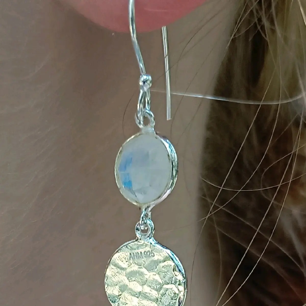 Polished Hammered Disk and Rainbow Moonstone  Earrings