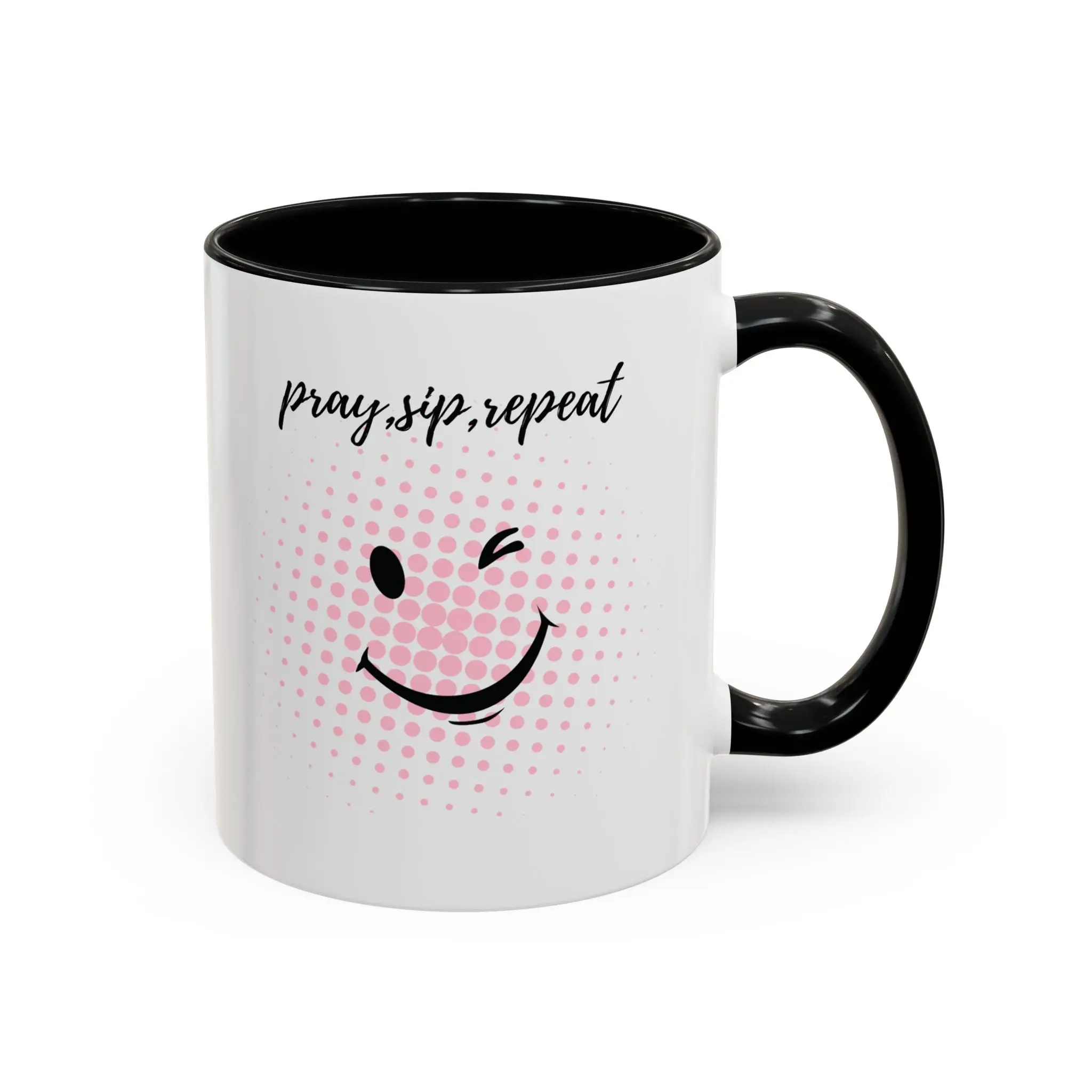Pray. Sip. Repeat. Accent Coffee Mug — 11/15oz Winking Smile Ceramic Mug
