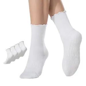 CoolMate Pilates Socks with Grips for Women, Yoga Socks, Crew Non Slip Women for Barre, Pilates Gifts (US, Numeric, 6, 10, Regular, Regular, A-06a. 2 Pairs Cute Ruffle)