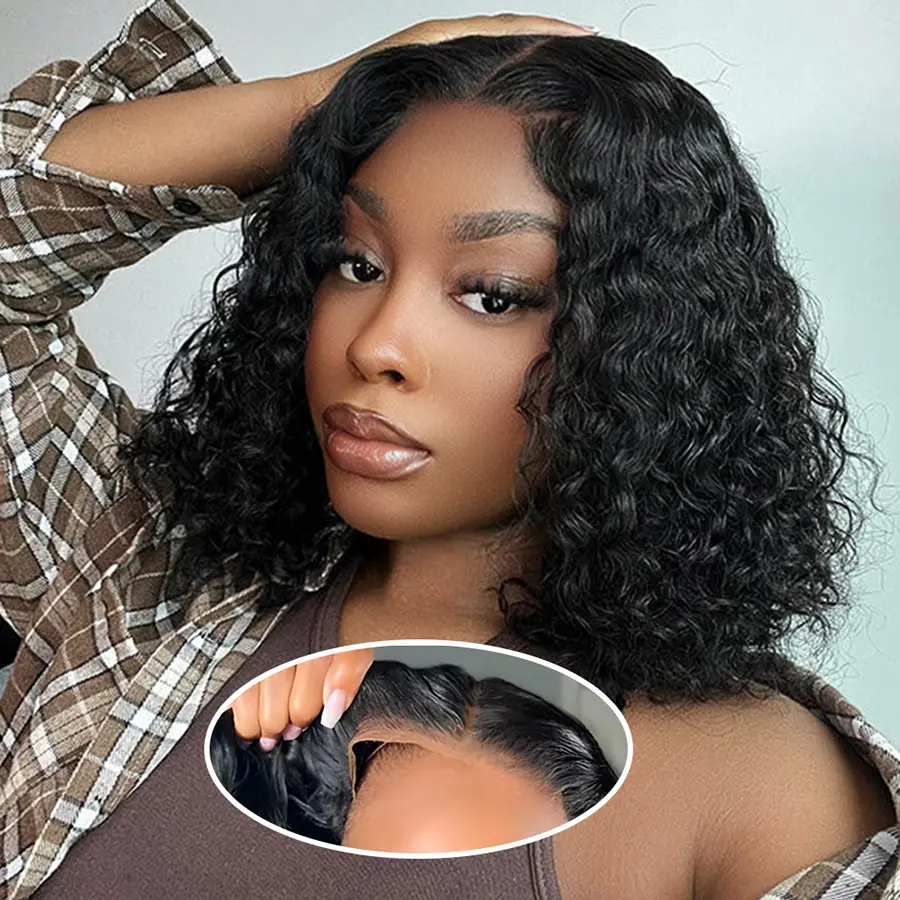 ISWEET Glueless Wigs Human Hair Pre Plucked Pre Cut 4x4 HD Lace Short Deep Wave 210% Density Ready to Wear Wigs Curly Lace Front Wig for Black Women