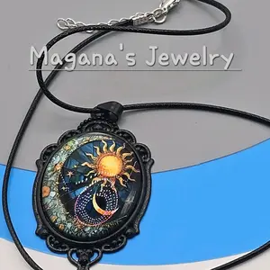 Sun & Moon gothic glass Pendant with 17.5 inches long Cord, Black/Silver weight 17.5 grams