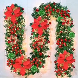 9FT Pre-Lit Christmas Garland - Artificial Green Garland with Red Flowers, Berries, Pine Needles, and Balls for Stair Railings, Mantels, and Holiday Decor - Indoor/Outdoor Winter Decoration