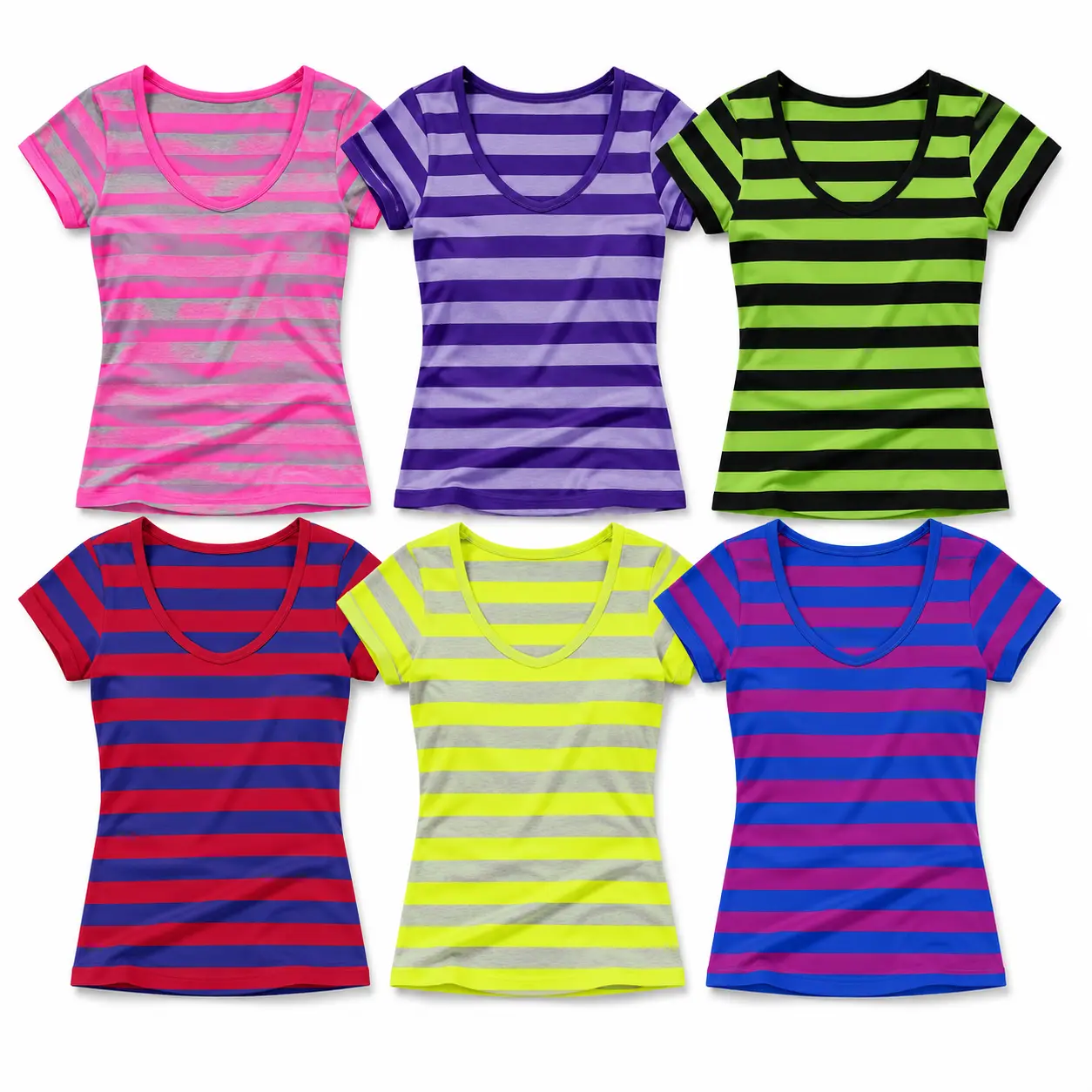 Women's 6-Piece Seamless Striped Short-Sleeve T-Shirts - Mixed-Color, Crew Neck, 1 Size Fits All, Everyday Streetwear Simple Top