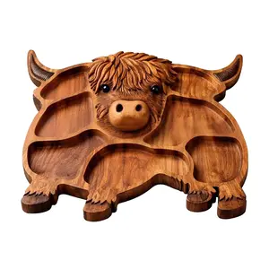 Highland Cow Wooden Charcuterie Board Cute Cow Shaped Serving Tray Rustic Farmhouse Food Platter with Compartments for Cheese Meat Fruit Snacks