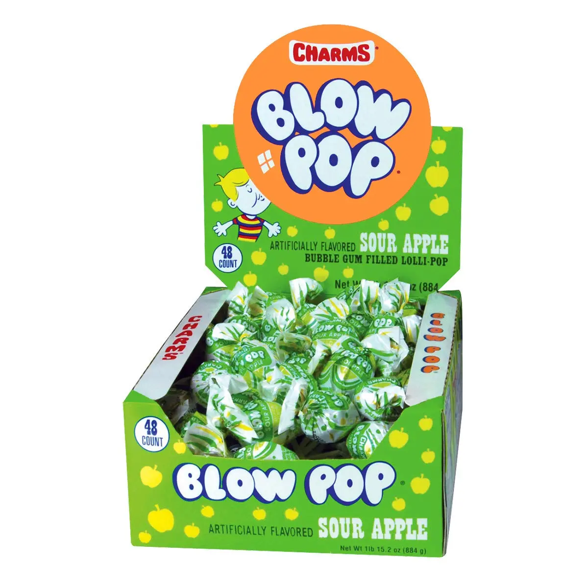 Charms Sour Apple Blow Pops 48 ct. - Sweet and Hard Candy Lollipop with Soft Chewy Bubble Gum Center with Green Apple Flavor - 48 Count Pack