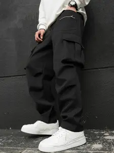 Men's Plus Size Casual Cargo Pants with Zipper Pockets, Casual Pocket Trousers, 100% Polyester Durable Fabric, Comfortable Elastic Waistband for All Seasons