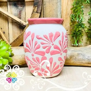 Pink Espiga Plumeado Bola Clay Vase - Florero Barro - Authentic Mexican Vase - Florero de Barro