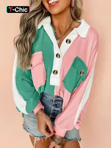 Casual Colorblock Ribbed Neck Loose Fit Knit Sweatshirt, Comfortable Long Sleeve Pullover for Daily Wear, Stylish Women's Fashion Apparel